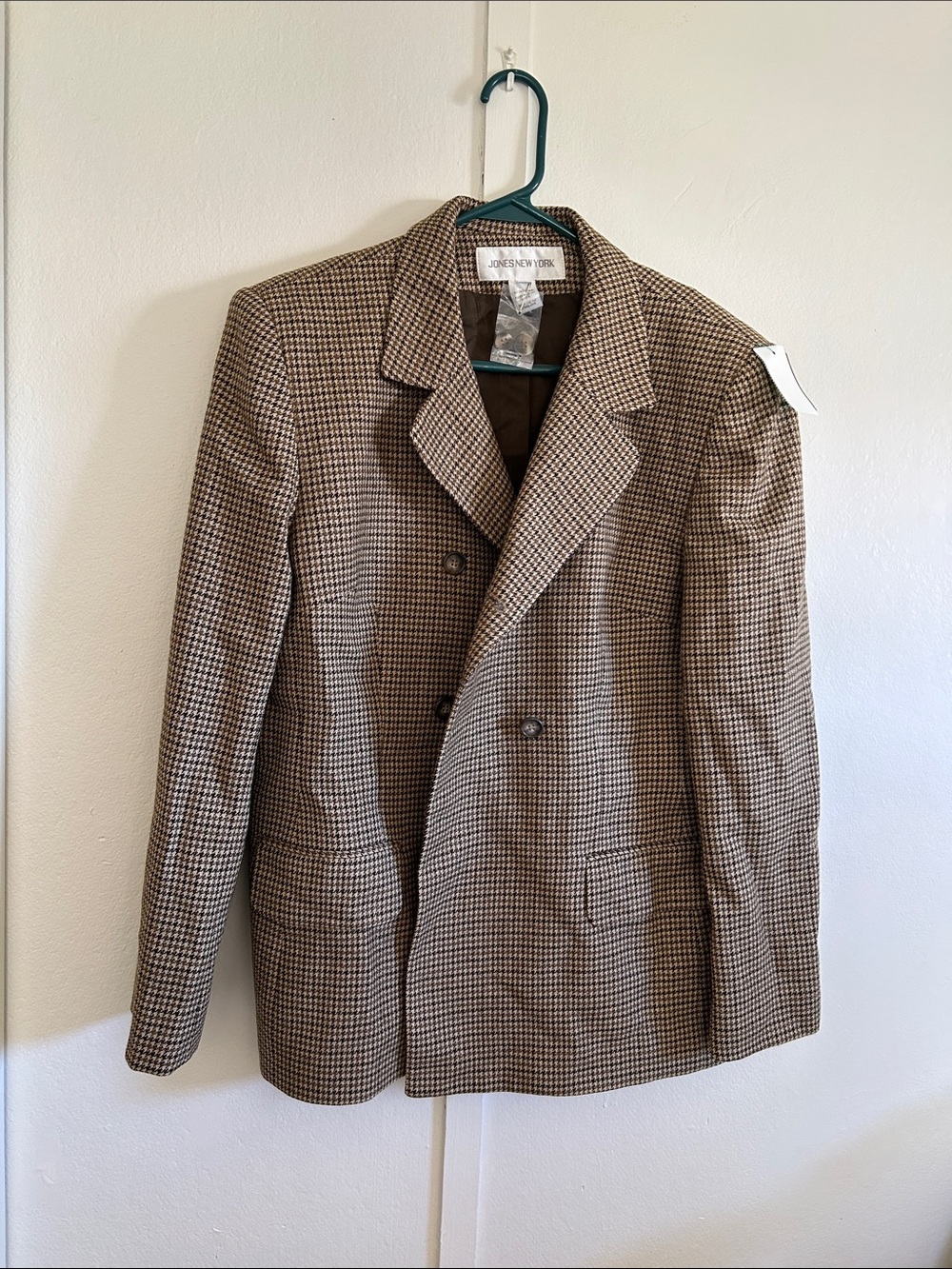 Jones New York Brown Houndstooth Double-Breasted Blazer